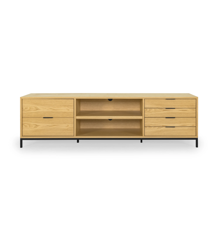 Mueble TV Antarte by IA 1 puerta y 4 cajones en roble natural, pies en metal lacado negro, 195 x 56 cm.