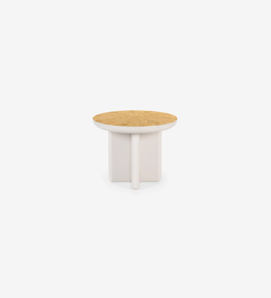 Mónaco round center table in pearl lacquer with natural oak veneer top, Ø 55 cm.