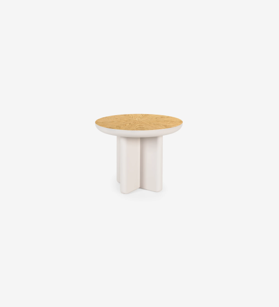 Mónaco round center table in pearl lacquer with natural oak veneer top, Ø 55 cm.