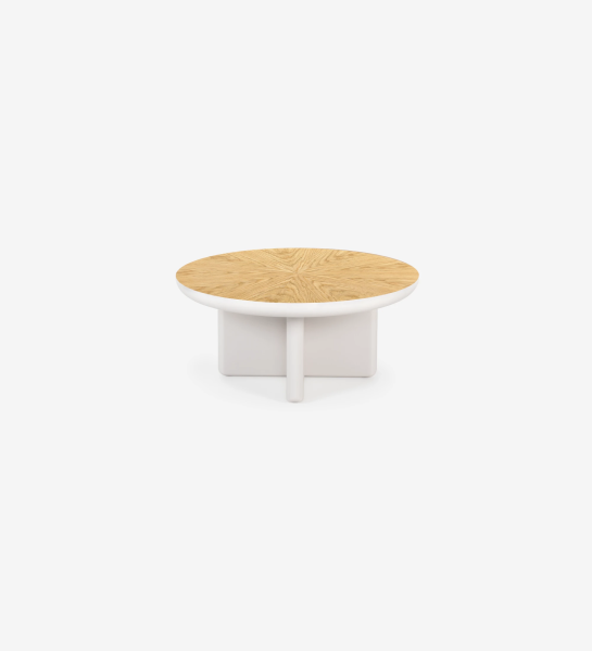 Mónaco round center table in pearl lacquer with natural oak veneer top, Ø 75 cm.