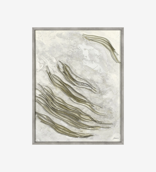 Peinture abstraite dans les tons gris clair et vert, cadre en bois gris, 70 x 90 cm.