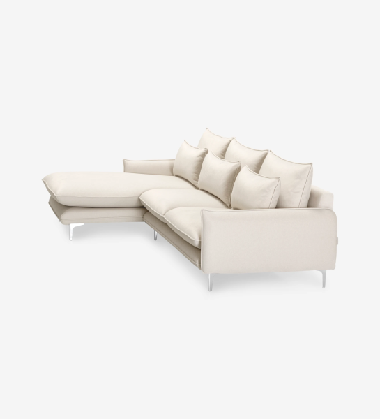 Veneza 3-seater sofa and right chaise longue, upholstered in beige fabric, metal feet, 259 cm.