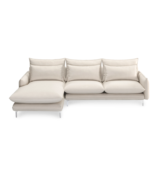 Canapé Veneza 2 places et chaise longue droite, recouvert en tissu beige, pieds en métal, 259 cm.