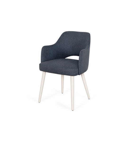 Chaise Londres avec accoudoirs recouvert en tissu bleu, pieds laqués perles.