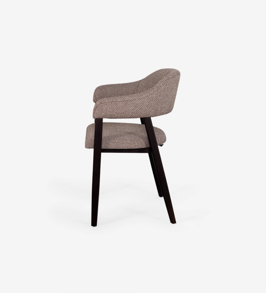 Chair with armrests, in dark brown ash wood, with seat and back upholstered in fabric