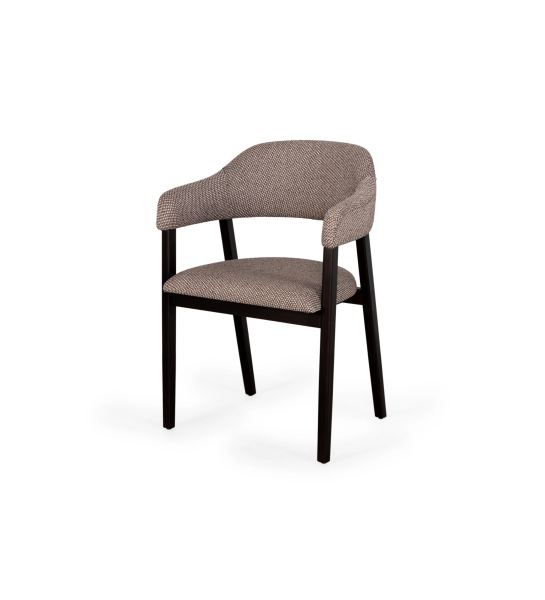 Chair with armrests, in dark brown ash wood, with seat and back upholstered in fabric