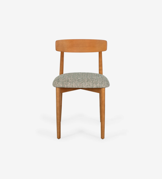 Honey colored wooden chair with fabric upholstered seat