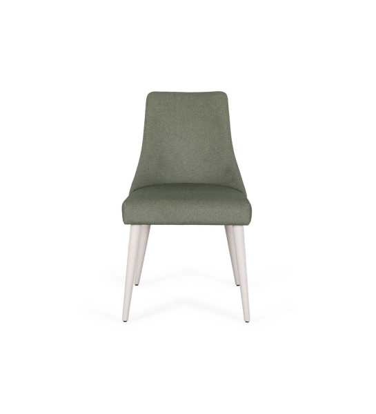 Chaise Oslo rembourré en tissu vert, pieds laqués perle.
