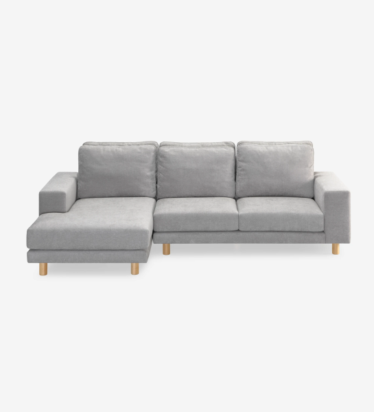 Canapé Dallas 2 places avec chaise longue gauche, recouvert en tissu gris, coussins de dossier rabattables, pieds en frêne de couleur naturelle, 273 cm.