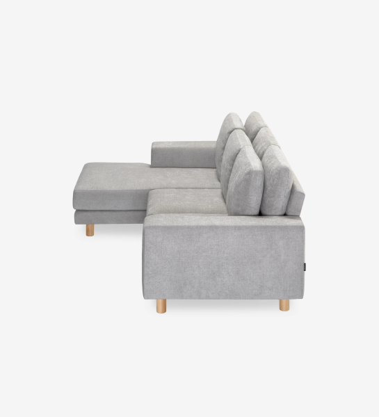 Canapé Dallas 2 places avec chaise longue gauche, recouvert en tissu gris, coussins de dossier rabattables, pieds en frêne de couleur naturelle, 273 cm.