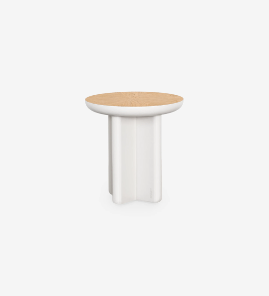 Mónaco round side table, natural oak top, pearl lacquered foot, Ø 45 cm.