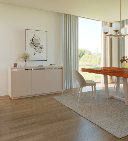 Sideboard with 3 doors, lacquered in pearl and with mirror detail.