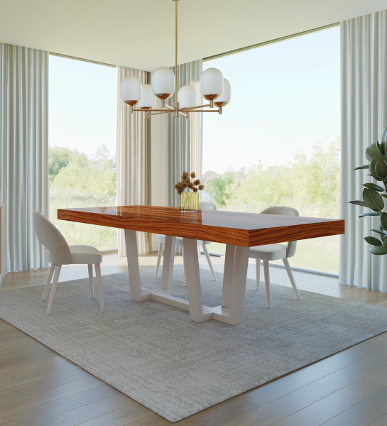 Rectangular extendable dining table with high gloss palissander top and pearl lacquered foot.