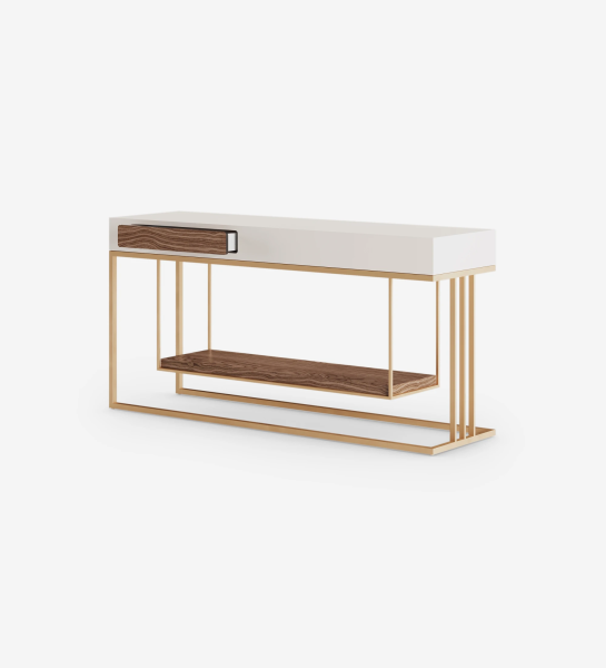 Console with 1 drawer and shelf in walnut, pearl lacquered structure and golden metal base.