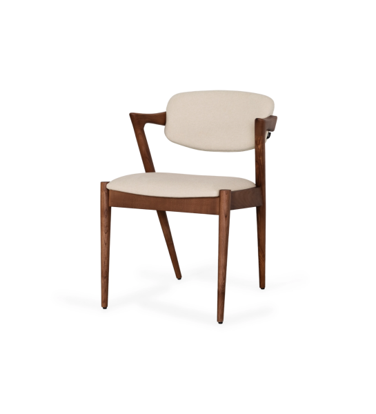Chaise en bois de frêne couleur noyer, avec assise et dossier rembourrés en tissu.