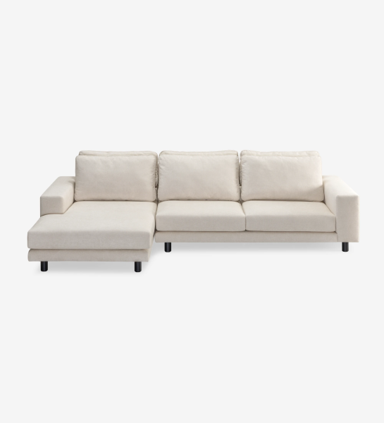 Sofá Dallas 3 plazas y chaise longue izquierda, tapizado en tela beige, cojines respaldo abatibles, pies lacados en negro, 318 cm.