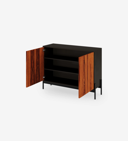 Shoes Cabinet with 2 doors with high gloss palissander, black structure and black lacquered metal feet with levelers.