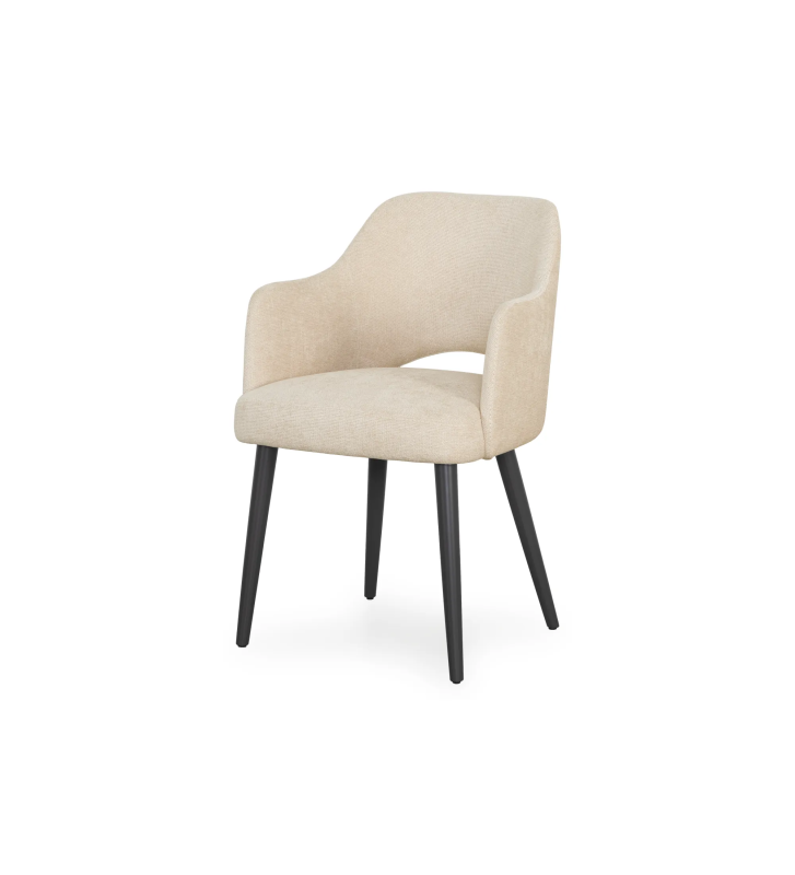 Silla Londres con brazos tapizados en tela Beige, pies lacados negro.