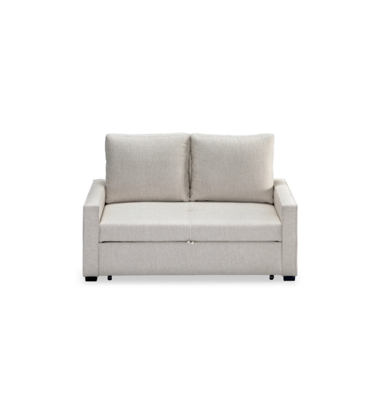 Lagos 2-seater sofa bed upholstered in beige fabric, removable back cushions, 158 cm.