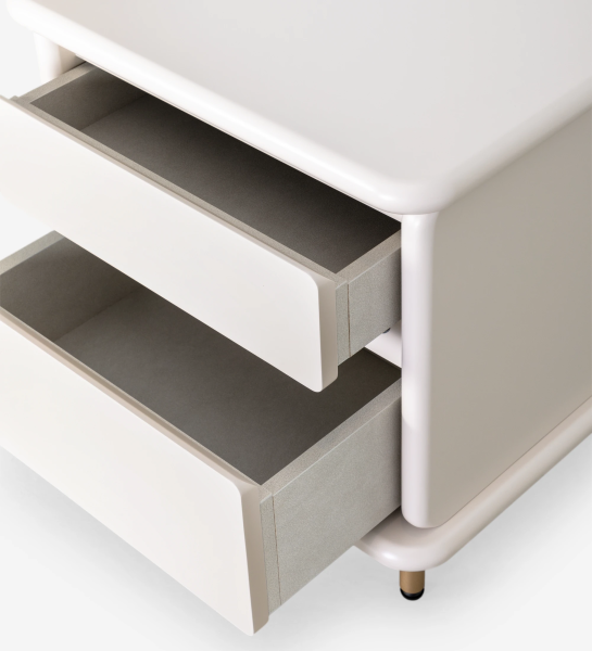 Bedside table with 2 drawers and structure in pearl lacquered, black lacquered feet with golden detail.