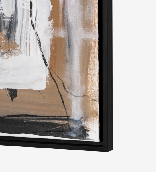 Cuadro abstracto en tonos beige y negros, marco de madera negro, 64 x 84 cm.