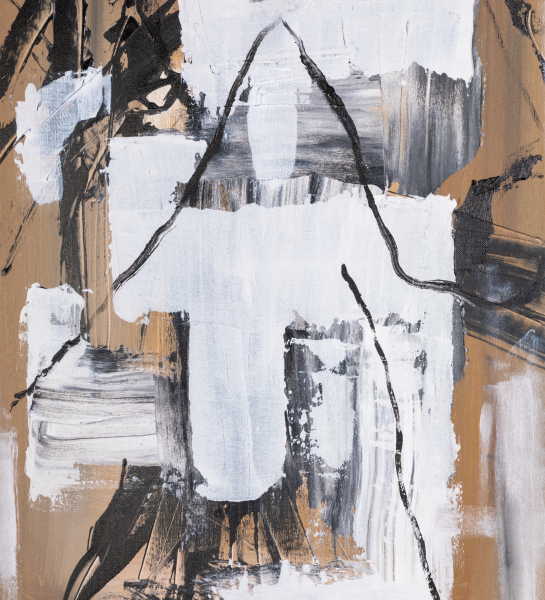 Cuadro abstracto en tonos beige y negros, marco de madera negro, 64 x 84 cm.