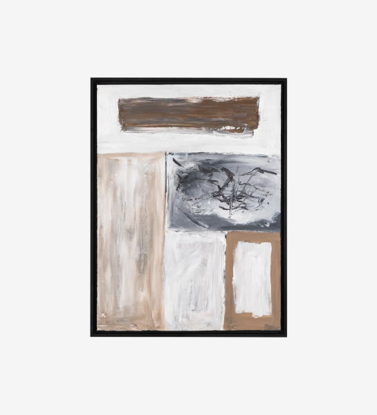 Abstract painting in beige and black tones, black wooden frame, 64 x 84 cm.