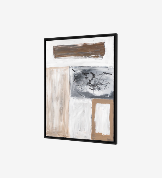 Abstract painting in beige and black tones, black wooden frame, 64 x 84 cm.