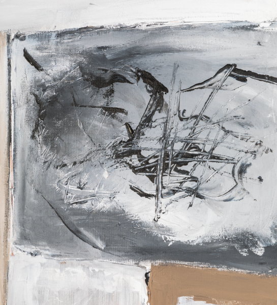 Abstract painting in beige and black tones, black wooden frame, 64 x 84 cm.