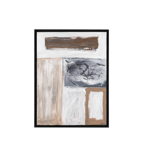 Peinture abstraite dans les tons beige et noir, cadre en bois noir, 64 x 84 cm.