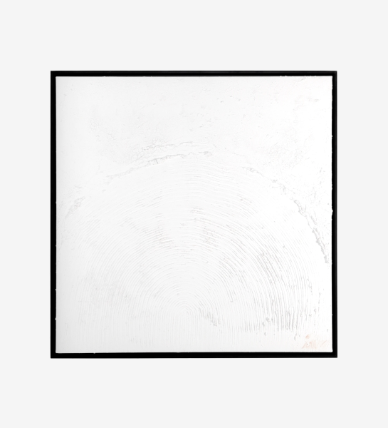 Abstract painting and relief in white tones, black wooden frame, 104 x 104 cm.