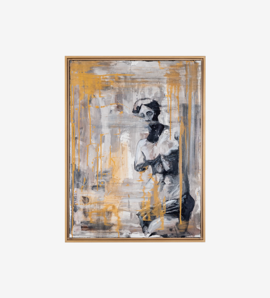 Abstract painting in gray and gold tones, golden colored wooden frame, 64 x 84 cm.