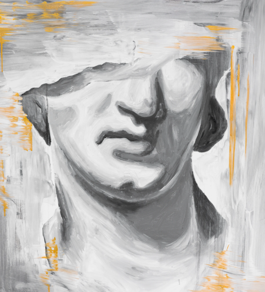 Abstract painting in gray and gold tones, golden colored wooden frame, 104 x 104 cm.