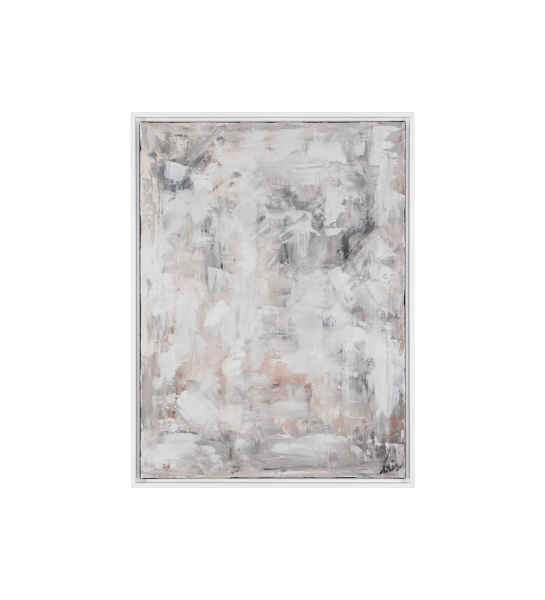 Cuadro abstracto en tonos neutros, marco de madera blanca, 64 x 84 cm.
