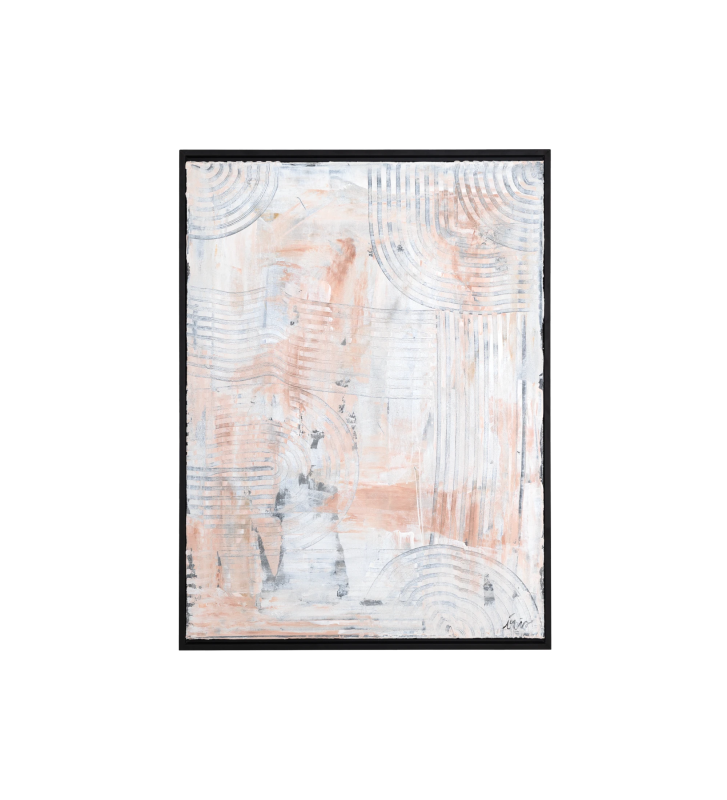 Quadro de pintura abstrata em tons neutros, moldura de cor negra em madeira, 64 x 84 cm.