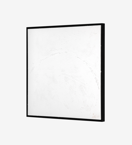 Abstract painting and relief in white tones, black wooden frame, 104 x 104 cm.