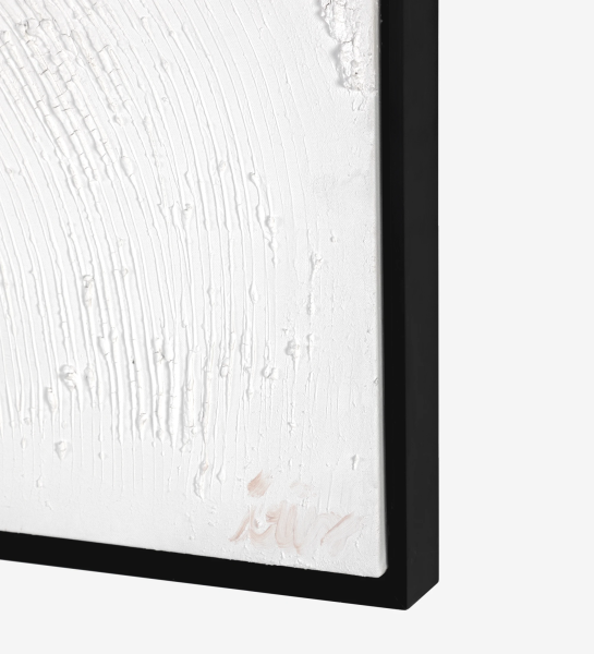 Cuadro abstracto y relieve en tonos blancos, marco de madera negro, 104 x 104 cm.