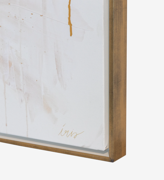 Abstract painting and relief in white and gold tones, golden colored wooden frame, 104 x 104 cm.