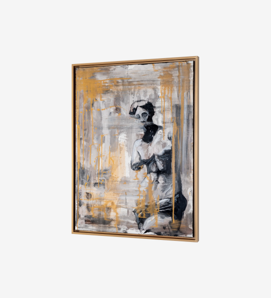 Abstract painting in gray and gold tones, golden colored wooden frame, 64 x 84 cm.