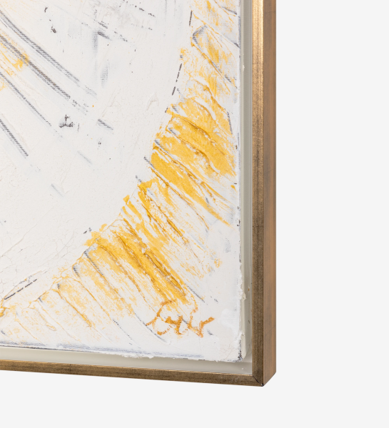 Cuadro abstracto con relieve en tonos neutros, marco de madera blanca, 104 x 104 cm.