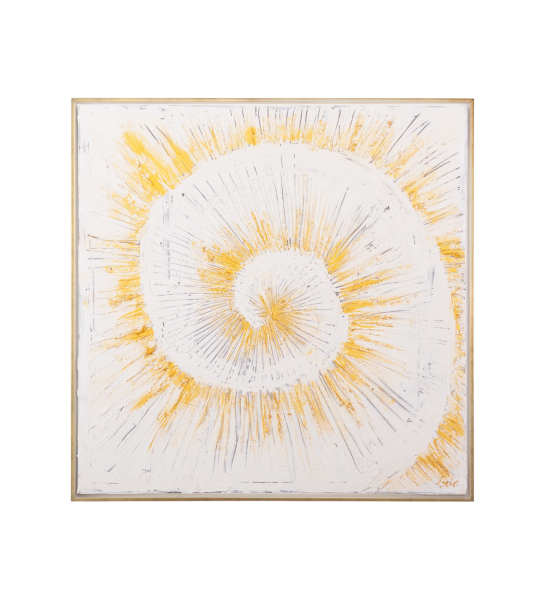 Cuadro abstracto con relieve en tonos neutros, marco de madera blanca, 104 x 104 cm.