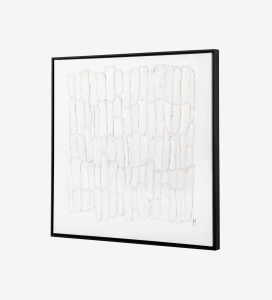 Abstract painting and relief in white tones, black wooden frame, 104 x 104 cm.