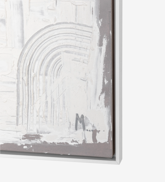 Cuadro abstracto con relieve en tonos neutros, marco de madera blanca, 104 x 104 cm.