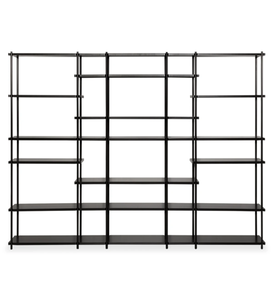 Bibliothèque Paris avec étagères et structure en métal laqué noir, 265 x 202 cm.