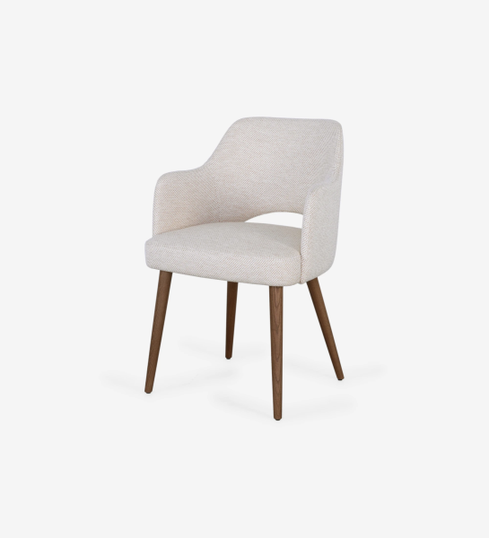 Chair with armrests upholstered in beige fabric and walnut wood base.