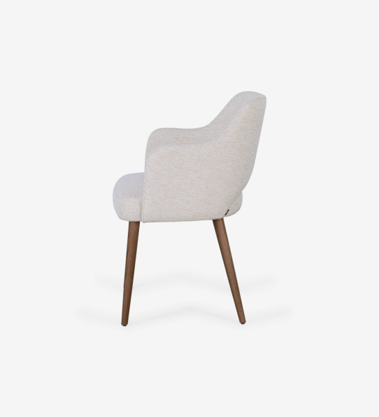 Chair with armrests upholstered in beige fabric and walnut wood base.