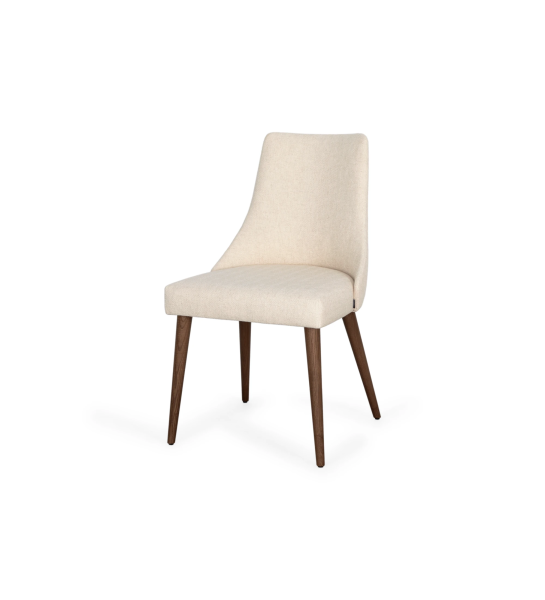 Chaise Oslo rembourré en tissu beige et pieds en bois de noyer.
