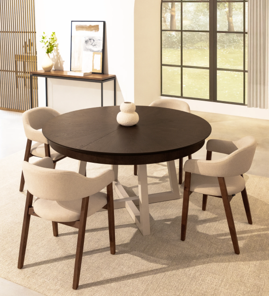 Round extendable dining table with walnut oak top and pearl lacquered legs.