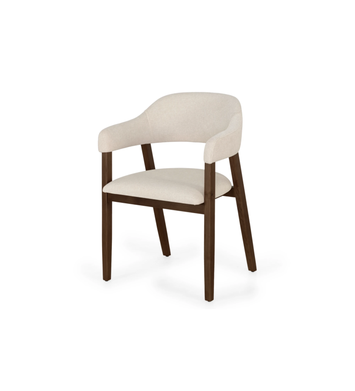 Silla con brazos, en madera de fresno color nogal, con asiento y respaldo tapizados en tela