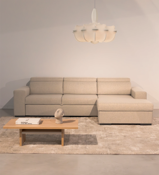 Évora 2-seater sofa bed and chaise, upholstered in beige fabric, reclining headrests, extendable seats and storage in the chaise, 272 cm.